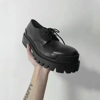 Мужская Повседневная кожаная обувь в стиле Дерби на платформе, увеличивающая рост, для пригородных поездок, черная обувь в британском стиле с большим носком