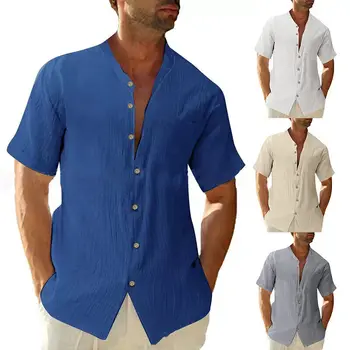 Мужская рубашка на пуговицах, топы с короткими рукавами, блузка из хлопка и льна, летние однотонные рубашки со стоячим воротником, Пляжный стиль, большие размеры