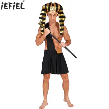 Мужская юбка с поясом контрастного цвета и рюшами на одно плечо, комплект из золотой шляпы со змеиной головой фараона и Скипетра для Хэллоуина