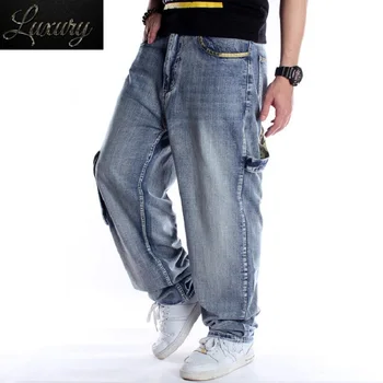 Мужские джинсы в стиле хип-хоп с боковыми карманами, Джинсовый комбинезон, Брюки-шаровары Большого размера 44 46, Мешковатый Свободный крой, мужской