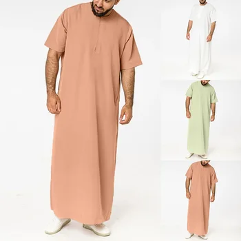 Мужские Однотонные Халаты Saudi Zipper Man Винтажные С Коротким Рукавом и Круглым вырезом Eid Мусульманская Арабская Исламская Одежда Jalabiya Caftan Кафтан