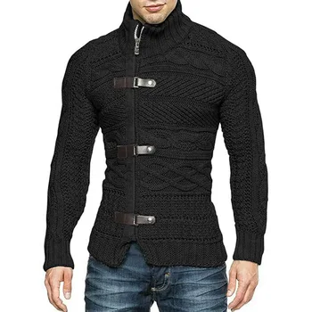 Мужские свитера 2023, Осенне-зимний свитер с высоким воротом, Мужской кожаный вязаный кардиган с пряжкой и длинным рукавом, пальто Большого размера, мужская одежда