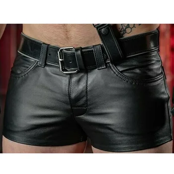 Мужские шорты, однотонные повседневные мужские Короткие брюки из искусственной кожи, весна-лето, мужские модные черные шорты в стиле панк для мужчин
