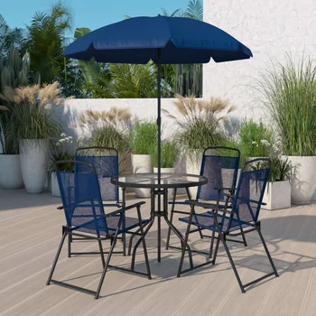 Набор для сада в темно-синем патио из 6 предметов с зонтичным столиком и набором из 4 складных стульев