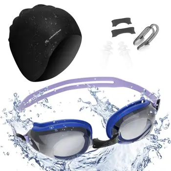 Набор плавательных очков для плавания на открытом воздухе, силиконовая шапочка для плавания, противотуманные УФ-защитные очки (в комплект входят зажимы для носа, беруши)