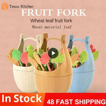 Наборы фруктовых вилок в форме бочонка скандинавского цвета с имитацией листьев, наборы креативных вилок для закусок