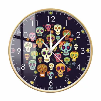 Настенные часы Die de Muertos с красочным принтом в виде сахарного черепа, Мексиканский День мертвых, Домашний декор, часы в деревянной рамке с цветочным рисунком в виде черепа