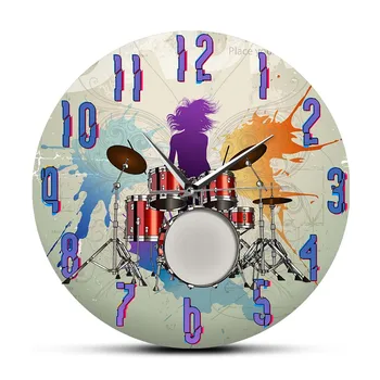 Настенные часы с принтом в стиле Всплеска краски в стиле Барабанщика Для музыкальной студии, Ударная установка, Рок-группа, Декоративные Настенные часы, Подарок для барабанщика