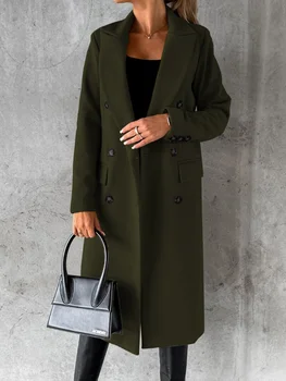 Новая Женская модель 2023, Однотонное Зимнее пальто из шерсти и смесей с длинным рукавом и Пуговицами, Женские Классические модные пальто свободного кроя