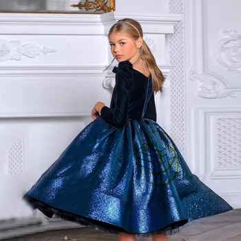 Новое темно-синее платье для Вечеринки в честь Дня рождения Девочки с Длинным рукавом, платье в цветочек для девочек, Рождественский подарок с бантом