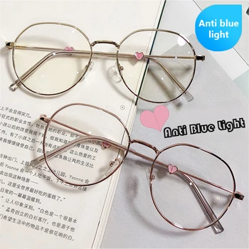 Новые очки с анти-синим светом, металлическая тонкая круглая оправа в форме сердца, модные очки для защиты глаз для девочек, компьютерные очки