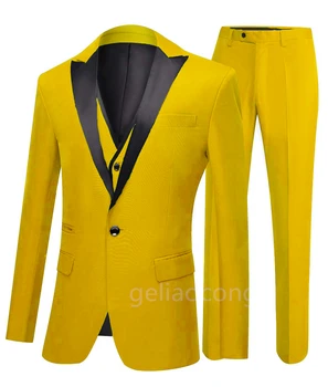 Новые Приталенные мужские костюмы для выпускного вечера с черным отворотом, Желтый Блейзер, Свадебный Смокинг для Жениха, 3 предмета, Мужские Модные деловые костюмы