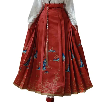 Новый Древнекитайский традиционный костюм Hanfu, рубашка с длинным рукавом и V-образным вырезом, Топы, Длинная юбка Макси с цветочным рисунком, Плиссированная Лошадиная Морда
