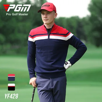 Осенне-зимняя одежда для гольфа PGM, мужская футболка с длинными рукавами и воротником-стойкой, теплый свитер с цветными вставками, мужская одежда для гольфа
