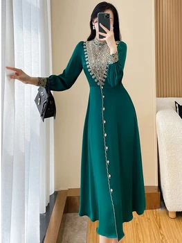 Осенние платья в стиле пэчворк с вышивкой в стиле ретро для женщин 2023, Зеленый Винтажный Vestidos Para Mujer, Элегантный халат