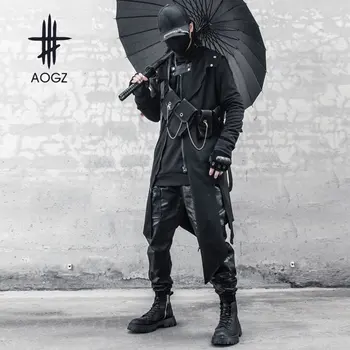 Осенняя куртка-карго AOGZ на молнии, мужская тактическая куртка, уличная одежда в стиле хип-хоп, Свободная длинная верхняя одежда, Ветровка нерегулярной формы, пальто из хлопка