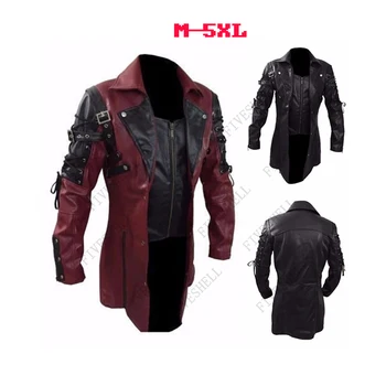 Осень и Зима 2023, Мужское Мотоциклетное Кожаное пальто Оверсайз в стиле Стимпанк, Теплое пальто, Обтягивающее Кожаное пальто, готическое пальто для косплея