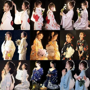 Платье-кимоно для девочек Сакура в Японском стиле Халат Юката Женский Цветочный принт Хаори Японская Униформа Косплей Костюм Вечеринка Короткое платье