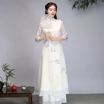 Платье китайской феи Ao dai Cheongsam Женское винтажное платье Длинное Летнее Белое с принтом брюк