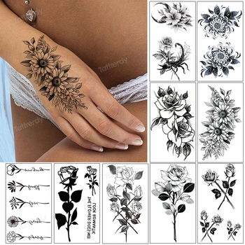 поддельная татуировка маленькая рука палец татуировка на запястье наклейка черные цветы роза лист маргаритки письмо временные татуировки для женщин девочек красота