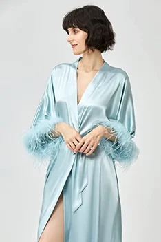 Пыльно-голубые халаты-Кимоно для Будущей невесты, Утренний Свадебный Халат, Атласные Шелковые халаты с длинными рукавами и пижамой из страусиных перьев