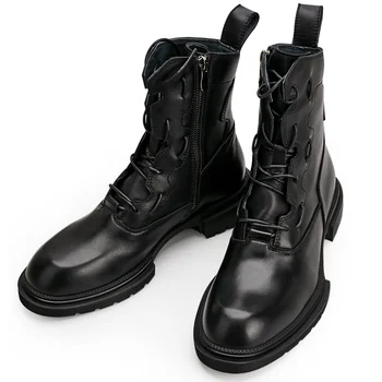 Размер 6-10, крутые однотонные ботинки до середины икры, натуральная кожа, на шнуровке, чисто черная мужская зимняя универсальная обувь