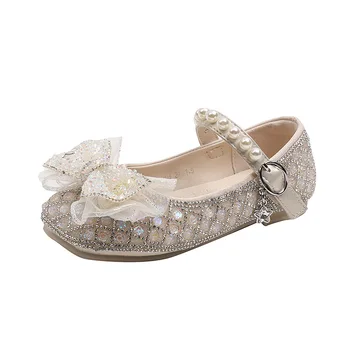 Размеры 26-30; Блестящие туфли для девочек из ткани с блестками Бежевого, розового Цвета; Милые Детские Модельные туфли с кружевным бантом-бабочкой Для Танцев