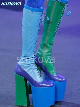 Разноцветные сапоги на высокой платформе С круглым носком На высоком массивном каблуке С перекрестным ремешком Сапоги до колена Модные, сексуальные, Роскошные женские туфли для подиума