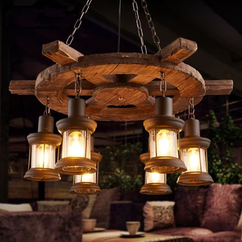 Ретро Лофт Люстра из массива дерева для ресторана, кофейни, Винтажных промышленных подвесных светильников, украшения гостиной