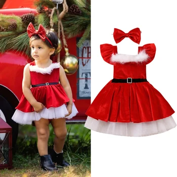Рождественское платье для маленьких девочек от 1 до 7 лет, Платье Санта-Клауса, Красное Бархатное платье Принцессы из тюля с длинным рукавом и повязкой на голову