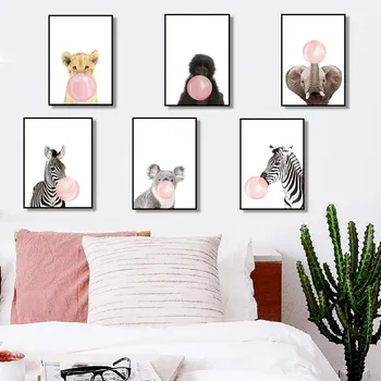 Розовый Пузырьковый Слон, Жираф, детский Плакат, настенное искусство с животными, холст, детская печать, картина для украшения детской комнаты в Скандинавском стиле
