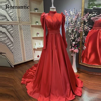 Романтические красные атласные вечерние платья трапециевидной формы, скромное платье с высоким воротом и длинными рукавами из саудовского арабика, женское вечернее платье для выпускного вечера Robe de soiree
