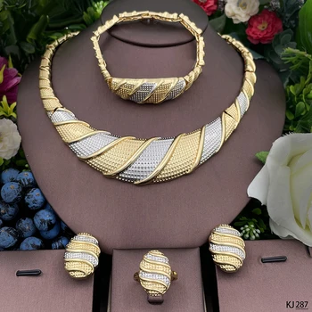 Роскошный Женский Ювелирный набор из Дубая, ожерелье Золотого цвета, Серьги, Кольца, браслет, подарки для свадебной вечеринки