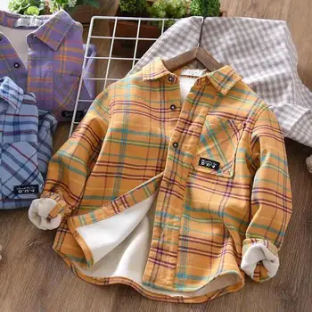 Рубашка для мальчиков, весенне-осенне-зимняя детская рубашка в клетку с длинными рукавами на хлопковой шерстяной подкладке, утолщенный детский кардиган