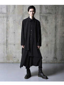 Рубашки асимметричной длины Унисекс в темно-японском стиле, оригинальные черные рубашки и блузки для женщин, homme, мужская рубашка оверсайз