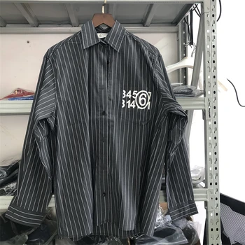 Рубашки в Полоску Оверсайз MM6 Margiela с длинным рукавом Для Мужчин И Женщин, Высококачественная Рубашка с Карманным Календарем и цифрами, V-Образная Блузка