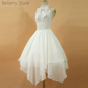 Свадебное платье с белым цветочным бантом в стиле Лолиты, кружевные подтяжки, стоячий воротник без бретелек, юбка неправильной формы, эластичное платье на талии