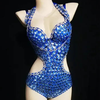 Синий блестящий Кристалл, сексуальный бикини с открытой спиной, комплект для женщин, одежда для диджеев ночного клуба, одежда для выступлений на сцене, одежда для вечеринок