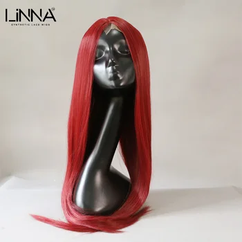 Синтетический кружевной парик LINNA Для женщин, длинный Прямой парик красного цвета для Косплея, 26-дюймовые Высокотемпературные волокнистые Парики, Средняя часть Кружева