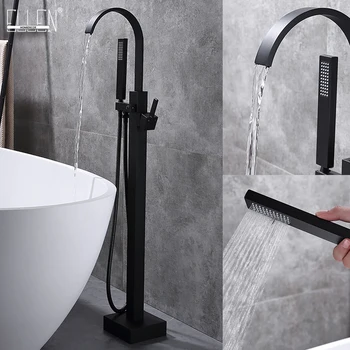 Смесители для ванны с напольной Подставкой, квадратный смеситель для горячей и холодной воды с ручным душем, Хромированный черный цвет ELF3201