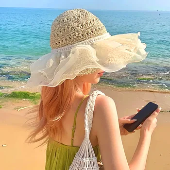 Солнцезащитная соломенная шляпа для женщин, плоская пляжная кепка с жемчугом, солнцезащитные шляпы с большими полями, кружевная защита от солнца, Летняя защита от ультрафиолета ручной работы