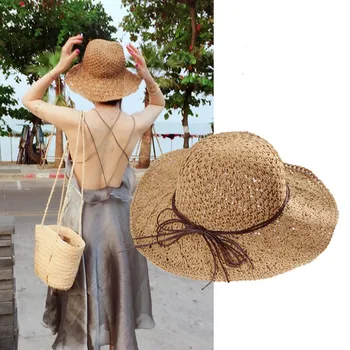 Солнцезащитная шляпа для женщин, Соломенная шляпа ручной работы, Складная Летняя шляпа с бантом, Женская пляжная шляпа с широкими полями, Женская