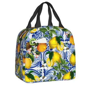 Средиземноморский лимон на синей керамической плитке, Изолированная сумка для ланча, Герметичный Летний термохолодильник для цитрусовых, Пляжная сумка для ланча