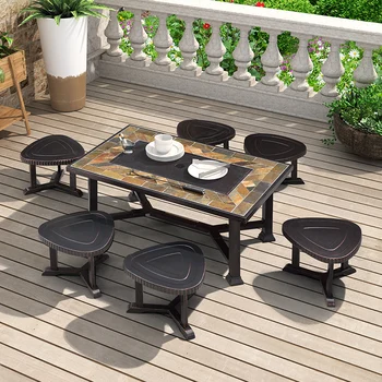 Стол для барбекю с фиолетовыми листьями, стулья, обеденный стол из литого алюминия, садовая печь на углях, железный стол для барбекю