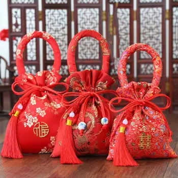 Сумки для конфет в китайском стиле, упаковка для свадебных подарков, вечерние принадлежности, шелковая сумка с кисточками