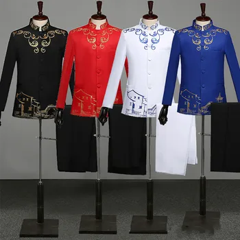 Традиционная китайская одежда, Вышитая Туника, костюм для мужчин, костюм ведущего, Длинный рукав, Свадебный костюм Жениха, официальный костюм