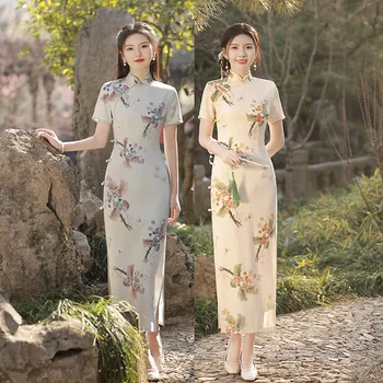 Традиционное китайское повседневное платье Ципао с коротким рукавом в стиле ретро, приталенный атлас с воротником-стойкой 