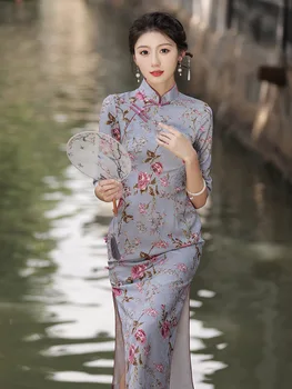 Традиционные китайские женские двухслойные атласные тонкие платья Qipao Orientale с принтом Чонсам