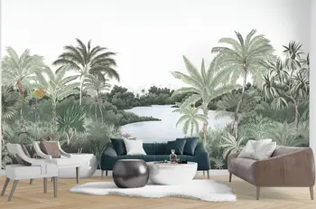 Тропические обои с пальмами, панорамная настенная роспись, изображающая экзотический пейзаж с пышной растительностью вокруг озера