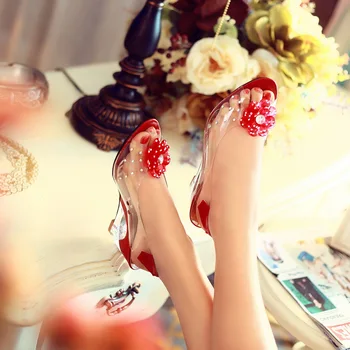 туфли женские с заклепками цветочный дизайн прозрачные сандалии с открытым носком каблук сандалии свадебные партия обуви для женщин сандалии на платформе
